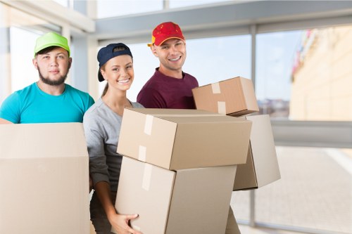 Packed boxes and labelled office items ready for commercial relocation
