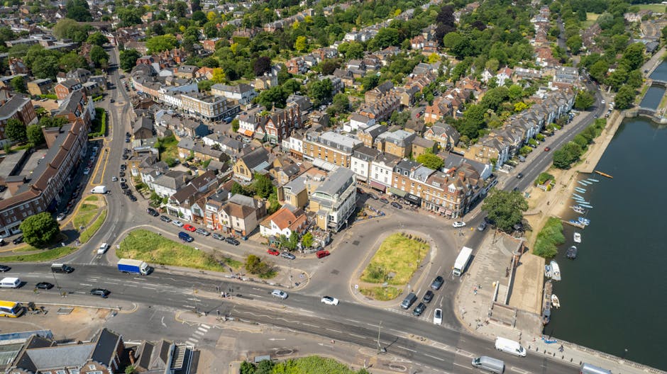 Aerial view of a busy street in Dulwich Village with a white two-storey building featuring multiple shopfronts, including a post box and large windows displaying products. Several vehicles, such as a green van and multiple cars, are parked along the road. Two pedestrians walk across the street, and a large leafy tree provides shade on the right side. The scene captures both retail activity and the surrounding residential and commercial buildings, highlighting the typical environment for home relocation and furniture transport services offered by Removals Dulwich.